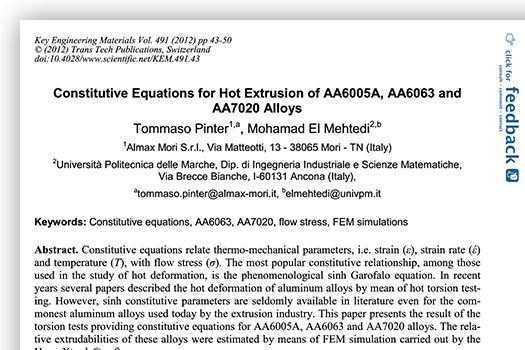 Almax Mori | FEA | Constitutive Equations for Hot Extrusion of AA6005A, AA6063 and AA7020 Alloys | Key Engineering Materials