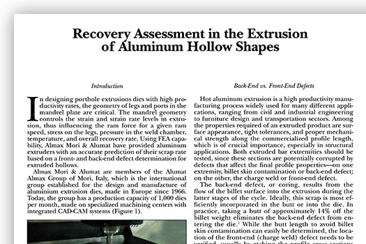 Almax Mori | FEA | Recovery Assessment in the Extrusion of Aluminum Hollow Shapes | Light Metal Age